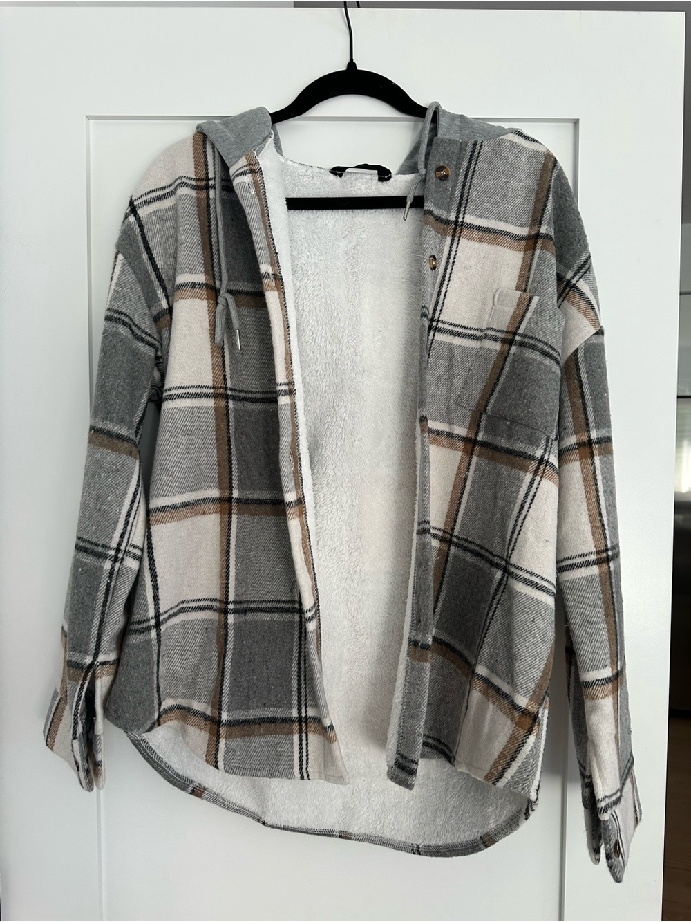 Plaid Hooded Shacket in Gray, Cream & Brown